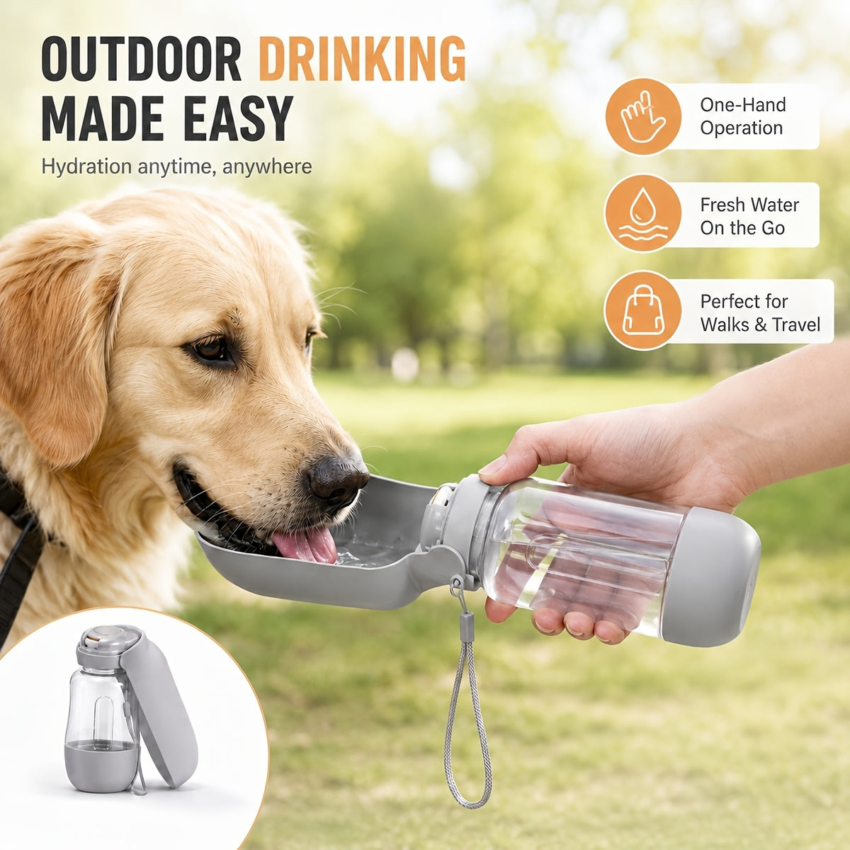 Golden retriever drinking from the ChillBottle fold-out bowl held in one hand