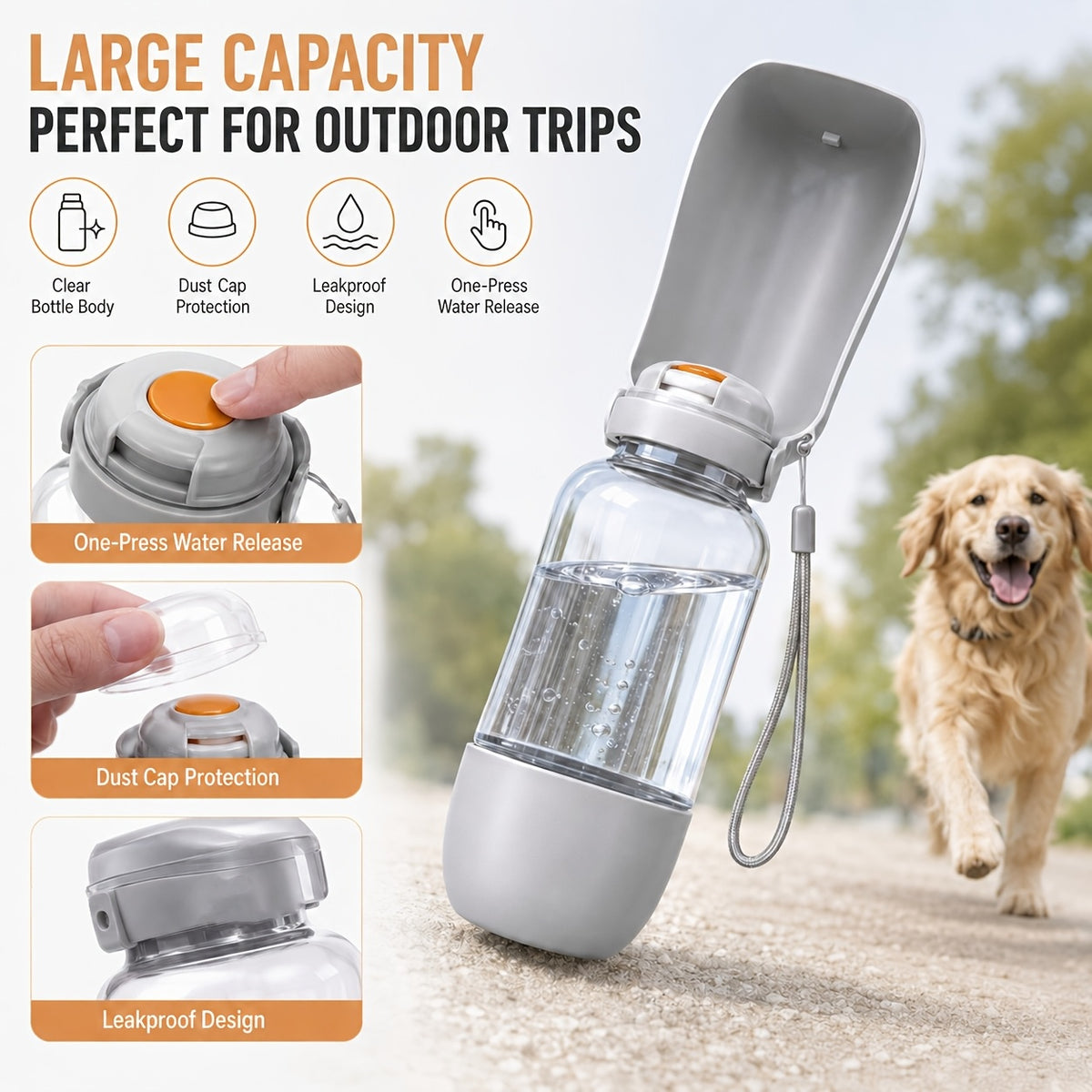 ChillBottle features: one-press release, dust cap protection and leak-proof design