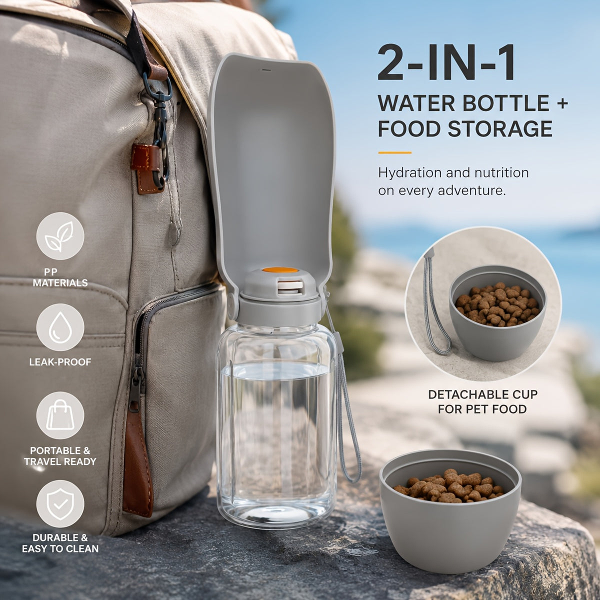 ChillBottle 2-in-1 with the detachable 150 ml food cup filled with kibble