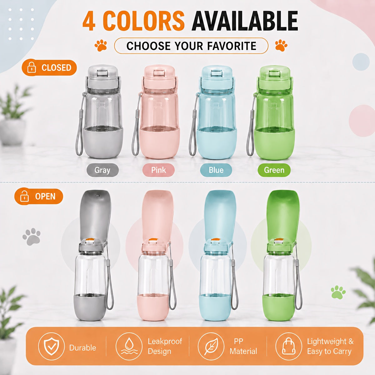 ChillBottle in four colours: grey, pink, blue and green, closed and open