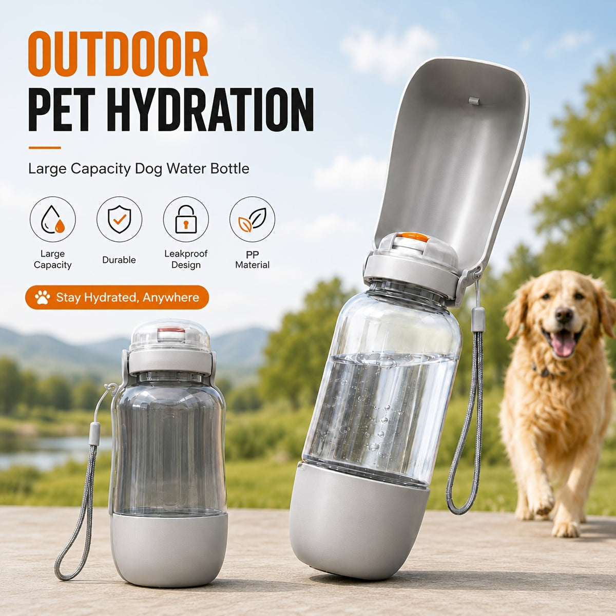 ChillBottle dog travel water bottle in grey, shown folded and with the bowl lid open, with a golden retriever behind
