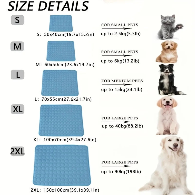 ChillPad size guide: S 50x40 cm to 2XL 150x100 cm with suggested pet weights