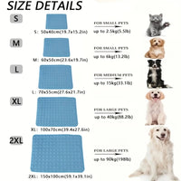 ChillPad size guide: S 50x40 cm to 2XL 150x100 cm with suggested pet weights